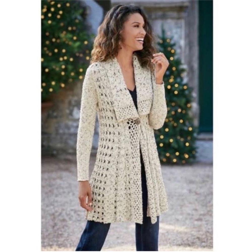 Soft Surroundings Cream and Black Knit Sweater Duster Cardigan Crochet Small